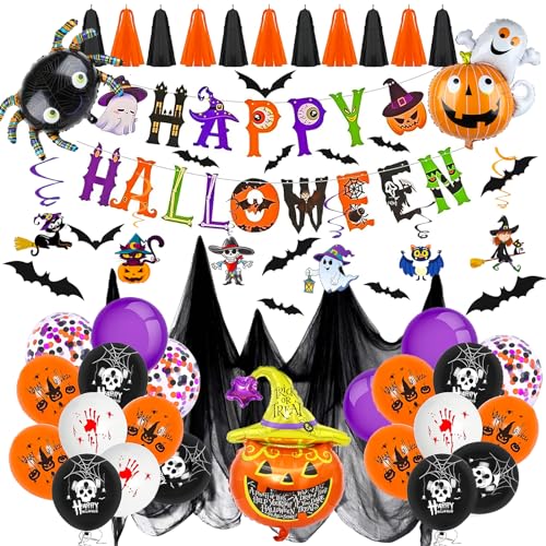 EULAPGOE Halloween Deko Set, Ballon Girlande Deko mit Banner Backdrop, Girlande Horror Set, Kürbis Pumpkin Fledermaus Party Dekoration Folienballon Wanddeko für Indoor Outdoor von EULAPGOE