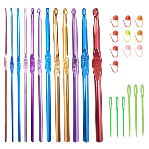 EUPSIIU 12 Stücke Häkelnadel Set, Multicolor Aluminium Stricknadeln, Häkelnadel, Inklusive Maschenmarkierern und Kunststoffnadeln mit Großem Öhr, Stricknadeln für Anfänger Oder Profis (Mehrfarbig) von EUPSIIU