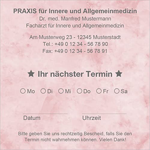 Terminzettel Terminkarten nächster Termin mit Ihrer Adresse personalisiert, inkl. praktischer Zettelbox mit Stiftehalter, 10 x 10 cm (marmor rot) (1000) von EUROPRINT24