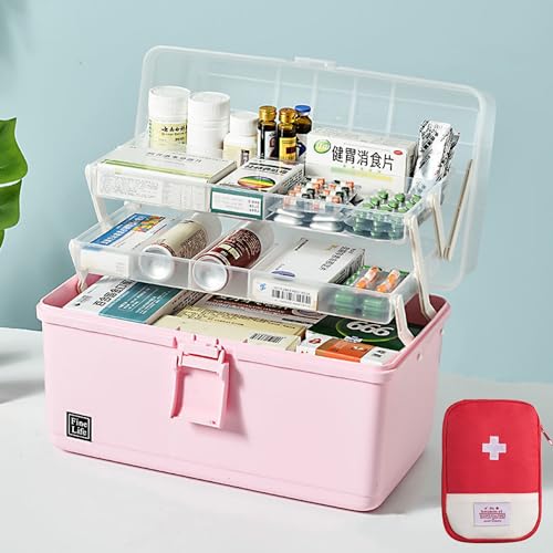 EURXLQ 3-Regal 34cm Mehrzweck-Aufbewahrungsbox,Medikamentenschrank mit Aufbewahrungsbeutel,Medikamenten Organizer Hausapotheke Box,Toolbox,Sortierbox,Angelkoffer,Organizer Box (34x19x23cm, Rosa) von EURXLQ