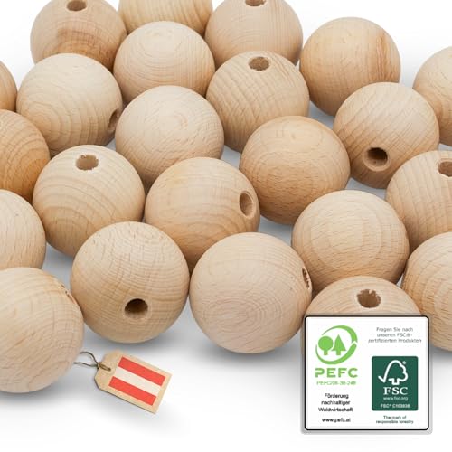 EV® Holzkugeln mit Loch - 12 Stück 50mm Durchmesser - Made in Austria - Große Holzperlen mit 8mm Bohrung, Gedrechselt aus Hochwertigem Buchenholz von EV Home Creations