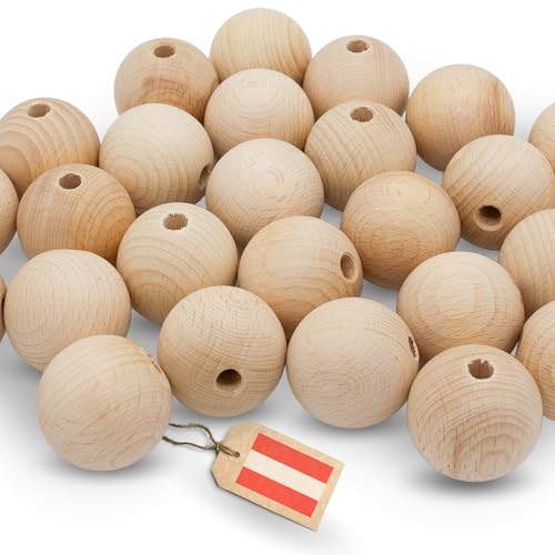 EV® Holzkugeln mit Loch - 22 Stück 40mm Durchmesser - Made in Austria - Große Holzperlen mit 8mm Bohrung, Gedrechselt aus Hochwertigem Buchenholz von EV Home Creations