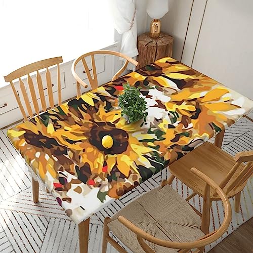 EVANEM Rechteckige Tischdecke mit Ölgemälde-Sonnenblumen-Motiv, elastisch, für Terrasse, für drinnen und draußen, Picknick, Camping, 152 cm von EVANEM