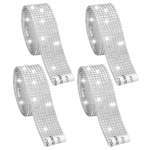 Diamantband Selbstklebend, 4 Rolln Selbstklebende Kristall Strass Rollenband, 91x2cm Kristall Strassband Aufkleber, Mit 2 mm Strass, Für Funsthandwerk, DIY Event Auto Telefon Dekoration, Silber von EVDZNA