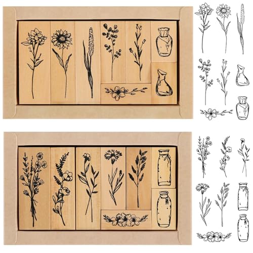 Holzstempel, 16 Stück Stempel Holz, Stempel Holz blumen Set, Blumen Stempel Set, Pflanze Mustern Stempel, Holzstempel blumen, Stempel Blumen und Blätter Stempel, für Geschenken, Scrapbooking von EVDZNA