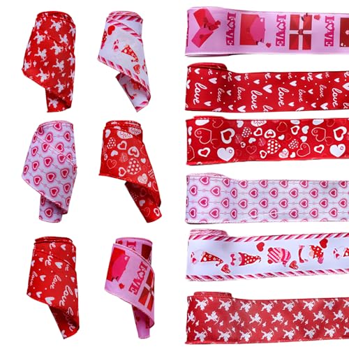 EVECILOO Rotes Herzband mit Drahtrand, rosa Punkten, breites rosa Punkt, Bastelband für Verpackungen und DIY-Projekte, 30 Yards/Rolle, 6,3 cm von EVECILOO