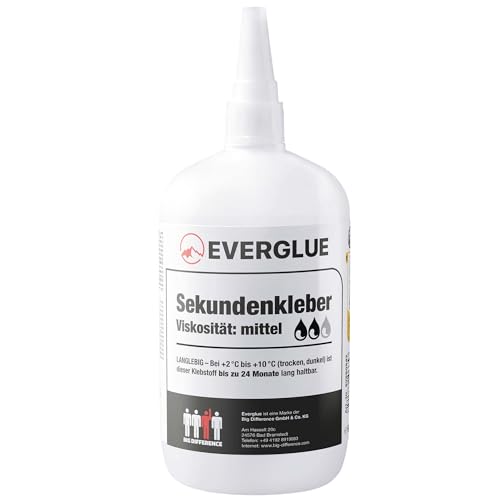 EVERGLUE Sekundenkleber mittelflüssig für präzises Kleben und schnelle Reparaturen - extra stark schnelltrocknend und flüssig ohne Nachtropfen Sekundenkleber mittelviskos 500g von EVERGLUE