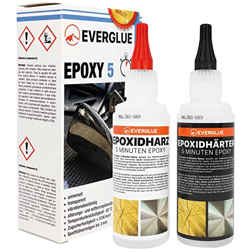 Everglue 5 Minuten Epoxy 200g 2K Epoxidharz mit Härter transparent und hitzebeständig zum Kleben und Versiegeln von Metall Kunststoff Keramik Glas Holz CfK Carbon GfK Glasfaser Marmor Beton Styropor von EVERGLUE