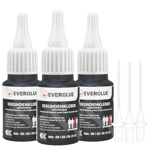 Everglue Sekundenkleber Set dünn, mittel oder dick 3x 20g für präzises Kleben und schnelle Reparaturen schnelltrocknend und flüssig ohne Nachtropfen Sekundenkleber extra stark (EV650042-3) von EVERGLUE