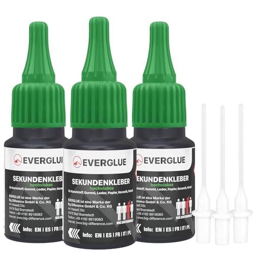 Everglue Sekundenkleber dickflüssig 3x 20g für präzises Kleben und schnelle Reparaturen schnelltrocknend und flüssig ohne Nachtropfen Sekundenkleber extra stark (EV650043-3) von EVERGLUE