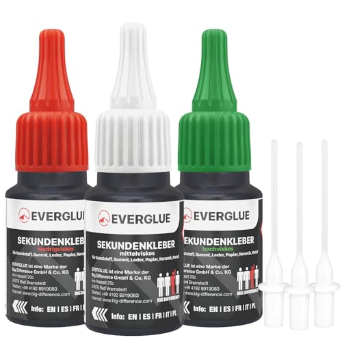 Everglue Sekundenkleber Set dünn + mittel + dick à 20g für präzises Kleben und schnelle Reparaturen - extra stark schnelltrocknend und flüssig ohne Nachtropfen Sekundenkleber extra stark von EVERGLUE