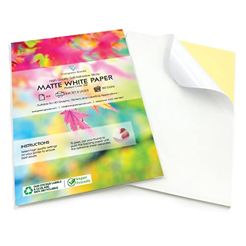 100 Blatt A4 Etiketten Selbstklebend Bedruckbar | selbstklebendes papier für drucker Inkjet & Laser | Starkes Klebepapier, aufkleber papier | stickerpapier zum selbst drucken a4 von Evergreen Goods Ltd