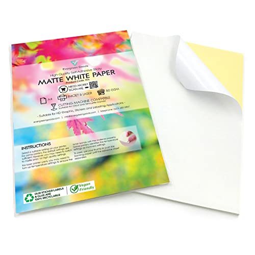 Evergreen Goods A4 50 Blatt 525gsm | selbstklebendes mattes weißes Papier | Etikettenaufkleber für Tintenstrahl- und Laserdrucker | Ideal für den Einsatz zu Hause, im Büro und an anderen Orten von EVG