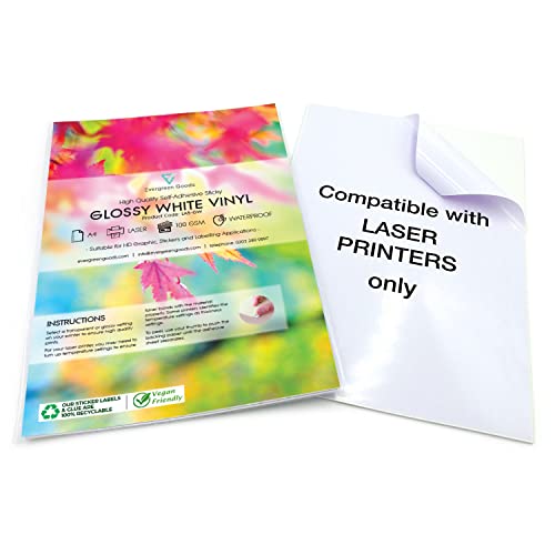 Evergreen Goods 10 x A4 Laserdrucker wasserdicht Vinyl Film glänzend weiß selbstklebende Aufkleber Blätter | Vollständig personalisierte A4 Größe Druckpapier | Aufkleber Papier für verschiedene Zwecke von EVG