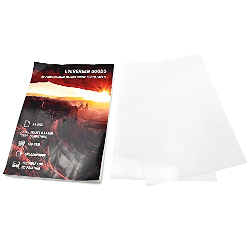 Evergreen Goods™ 50 Blatt doppelseitiges Fotopapier, A4, glänzend, weiß, 120 g/m², hochauflösender Druck, Karton, Inkjet & Laser bedruckbar von EVG