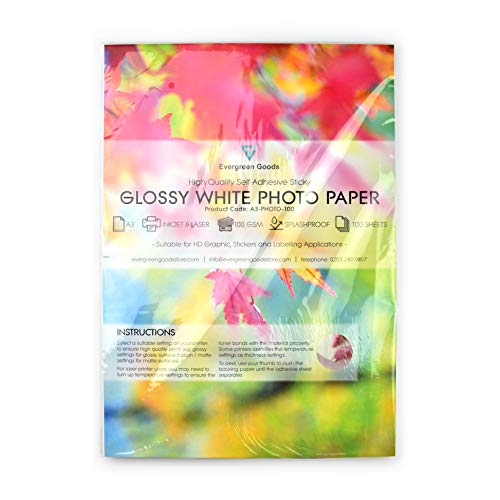 Evergreen Goods 100 Blatt A3 | Glänzend weißes selbstklebendes Fotopapier | Aufkleberpapier für Tintenstrahl- und Laserdrucker | Papier zum Gestalten, für Etiketten, Aufkleber | Zuhause und im Büro von EVG