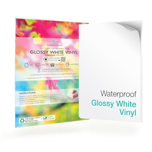 Evergreen Goods 100 Blatt A4 Wasserdichtes Selbstklebendes Glänzendes Weißes Vinyl Aufkleberpapier | Bedruckbares Aufkleberpapier für Inkjet und Laserdrucker von EVG