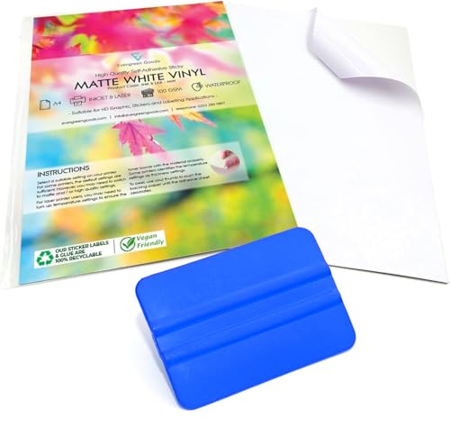 Evergreen Goods 100 Blatt A4 wasserabweisendes Vinyl-Aufkleberpapier mit Vinyl-Rakel, selbstklebend, mattweiß, PVC-Aufkleberbögen, 200 g/m², Tintenstrahl- und Laserdrucker, perfekt für individuelle von EVG