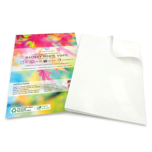 Evergreen Goods 50 Blatt A4 Qualität glänzend weiß Aufkleber Vinyl | wasserfest Inkjet bedruckbar | Selbstklebender Produktetiketten | Klebeende Rückseite PVC von EVG