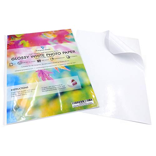 Evergreen Goods A4 100 Blatt Weiß 1000gsm | Selbstklebendes glänzendes weißes Fotopapier | Spritzwassergeschützte Drucke | Tintenstrahl- und Laserdrucker | Kinderaufkleber für Zuhause und das Büro von EVG