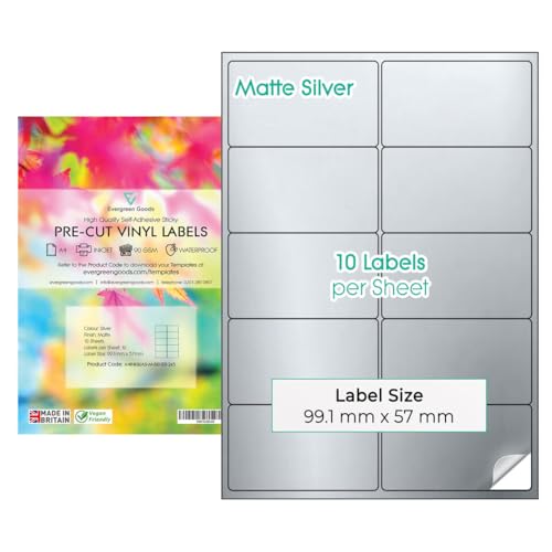 Evergreen Goods Wasserdichte A4 Multi-Aufkleber-Etiketten, vorgeschnitten | mattsilber, 2 x 5 (10 pro Blatt), 100 Etiketten, 10 Blatt von EVG