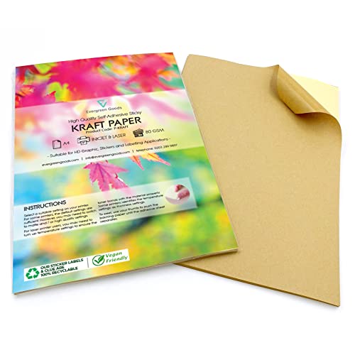 Evergreen Goods™ 50 Blatt A4 mattes, selbstklebendes Kraftpapier, selbstklebende, bedruckbare Etiketten für Tintenstrahl- und Laserdrucker, Druckpapier im A4-Format für hochauflösende Drucke von EVG