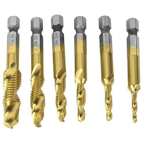 EVTSCAN 6PCS Hochgeschwindiger Stahl 6,35 mm Sechskant Shank Tap Bohrbohrer Verbindungsverbindung TAP M3/M5/M5/M8/M10 (Metric titanium-plated gold 4341 6-piece set) von EVTSCAN