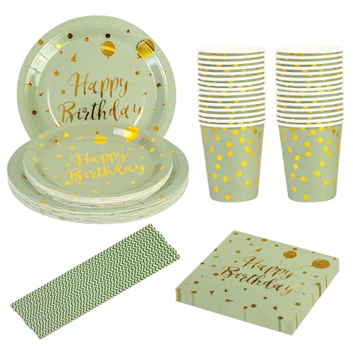 125 Stück Rattenschwanz grün und Gold Partygeschirr Party Set，Happy Birthday Partygeschirr Set，25 Gäste Pappbecher Pappteller Servietten Trinkhalme Papier für Party Geburtstag von EVYIENEN