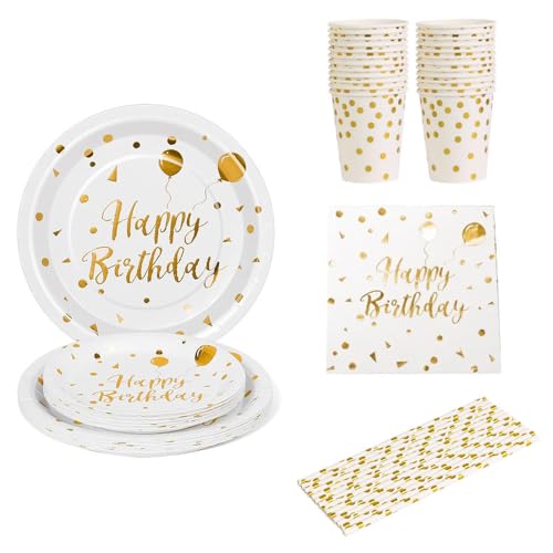 125 Stück Weißgold Partygeschirr Party Set Happy Birthday Partygeschirr Set，25 Gäste Pappbecher Pappteller Servietten Trinkhalme Papier für Party Geburtstag von EVYIENEN