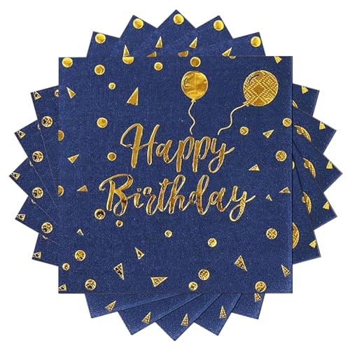 20 Stück Happy Birthday Blau und Gold Geburtstag Servietten 33x33 cm Party Servietten Papier Goldfolie Biologisch Abbauba Papierserviette Deko für Junge Mädchen Geburtstag Party Deko von EVYIENEN