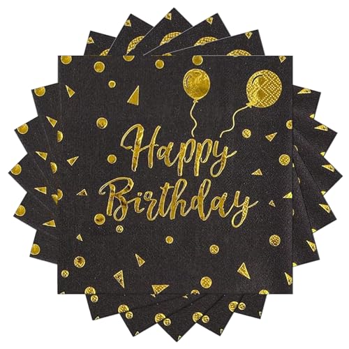 20 Stück Happy Birthday Schwarz und Gold Geburtstag Servietten 33x33 cm Party Servietten Papier Goldfolie Biologisch Abbauba Papierserviette Deko für Junge Mädchen Geburtstag Party Deko von EVYIENEN