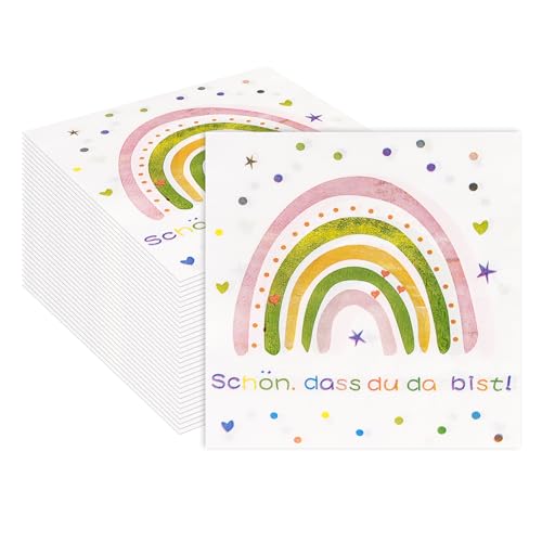 40 Stück Boho Regenbogen Schön Dass Du Da Bist Servietten,33 x 33 cm Deko Mädchen Junge Mädchen Babyparty Regenbogen Servietten für Konfirmation Kommunion Party Tischdeko von EVYIENEN