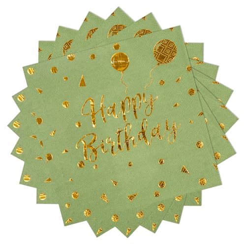 40 Stück Happy Birthday Salbei Grün und Gold Geburtstag Servietten，33x33cm Papier Party Servietten，für Junge Mädchen Geburtstag Party Deko von EVYIENEN