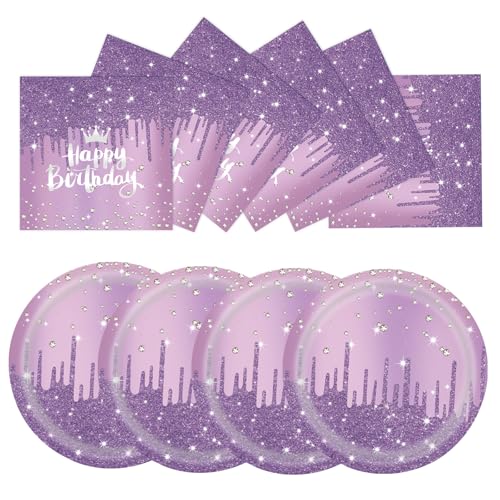 50 Stück Lila Happy Birthday Teller und Servietten Set,25 x 17.8cm Dessertteller 25 x 16.5cm Servietten Geburtstag Party Geschirr Set für Weihnachten Geburtstagsparty Deko von EVYIENEN