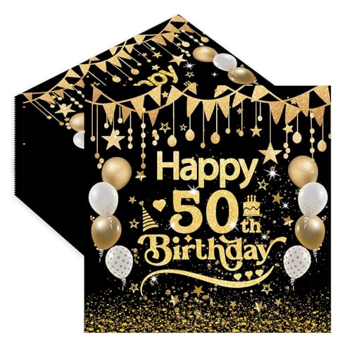 Servietten 50. Geburtstag,40 Stück Schwarz Gold Serviette 50 Geburtstag Mann,Tischdekoration Papierservietten für Mann Frau Geburtstag Feiern Party Jubiläum 33x33cm von EVYIENEN