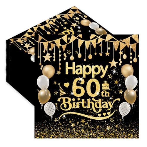 Servietten 60. Geburtstag,40 Stück Schwarz Gold Serviette 60 Geburtstag Mann,Tischdekoration Papierservietten für Mann Frau Geburtstag Feiern Party Jubiläum 33x33cm von EVYIENEN