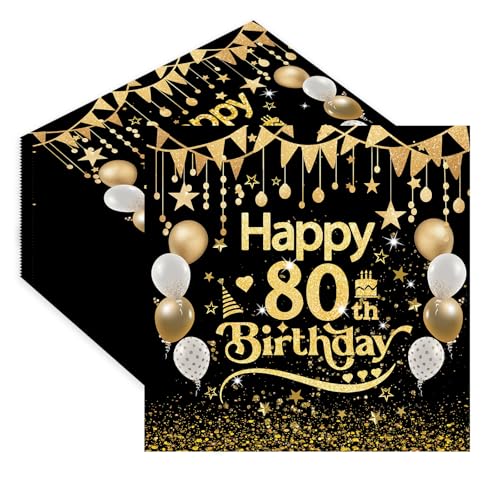 Servietten 80. Geburtstag,40 Stück Schwarz Gold Serviette 80 Geburtstag Mann,Tischdekoration Papierservietten für Mann Frau Geburtstag Feiern Party Jubiläum 33x33cm von EVYIENEN