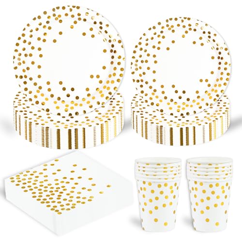 96 Stück Geburtstag Party Geschirr Set,Weiß Gold Geburtstag Party Geschirr Becher Serviette Pappteller Set,für Mädchen Kinder Tischdekoration-24 Gäste 96 Stück Geburtstag Party Geschirr Set,Weiß Gold Geburtstag Party Geschirr Becher Serviette Pappteller Set,für Mädchen Kinder Tischdekoration-24 Gäste von EVYIENEN