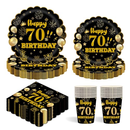 96 Stück Schwarz und Gold Partygeschirr,70th Geburtstag Party Pappteller Becher Servietten Partyteller Set für Geburtstag Kinder Party Dekoration Papier Geschirr-24 Gäste 96 Stück Schwarz und Gold Partygeschirr,70th Geburtstag Party Pappteller Becher Servietten Partyteller Set für Geburtstag Kinder Party Dekoration Papier Geschirr-24 Gäste von EVYIENEN