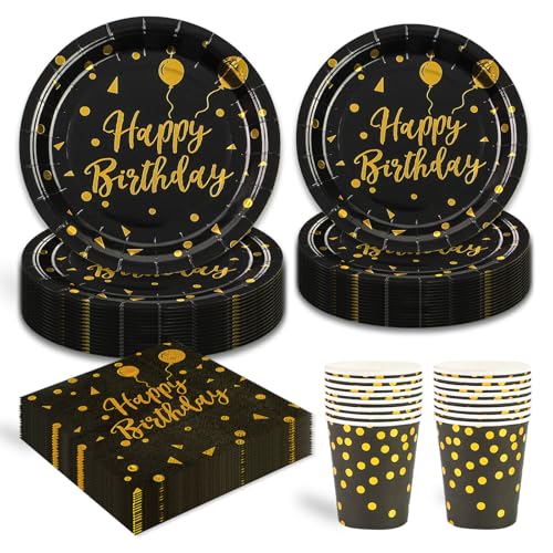 96 Stück Schwarz und Gold Partygeschirr,Happy Birthday Schwarz Gold Geburtstag Party Geschirr Becher Serviette Pappteller Set,für Mädchen Kinder Tischdekoration-24 Gäste 96 Stück Schwarz und Gold Partygeschirr,Happy Birthday Schwarz Gold Geburtstag Party Geschirr Becher Serviette Pappteller Set,für Mädchen Kinder Tischdekoration-24 Gäste von EVYIENEN