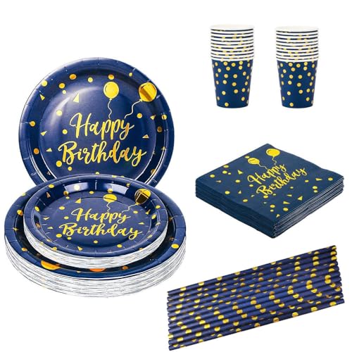 EVYIENEN 125 Stück Blau und Gold Partygeschirr Party Set，Happy Birthday Partygeschirr Set，25 Gäste Pappbecher Pappteller Servietten Trinkhalme Papier für Party Geburtstag von EVYIENEN