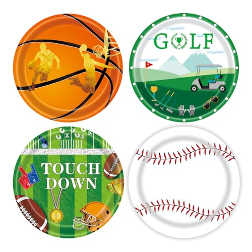 EVYIENEN 48 Stück Sport Geburtstag Party Pappteller, 22.9cm Einweg Sport Fußball Basketball Golf Baseball Pappteller, 4 Designs für Kinder Geburtstag Party Favour Dekoration von EVYIENEN