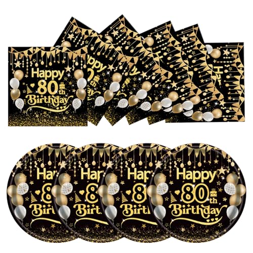 EVYIENEN 50 Stück 80th Geburtstag Pappteller und Servietten,80th Schwarz Gold Geburtstag Party Geschirr Pappteller Pappteller Set,Pappteller Geburtstag Party Tischdekoration für Picknicks von EVYIENEN