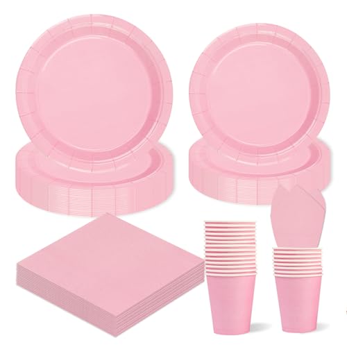 96 Stück Rosa Partygeschirr,Rosa Geburtstag Party Pappteller Becher Servietten Partyteller Set,für Geburtstag Kinder Party Dekoration Papier Geschirr Set von EVYIENEN