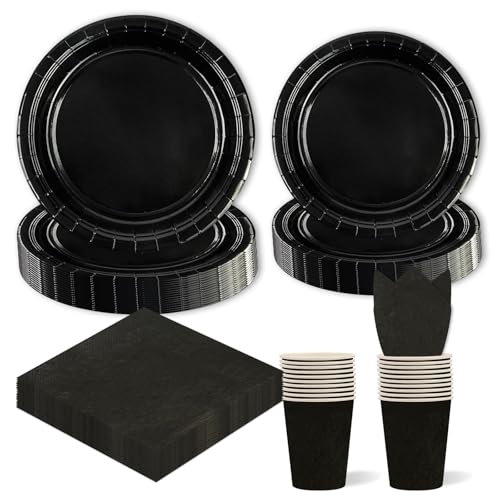 96 Stück Schwarz Partygeschirr,Schwarz Geburtstag Party Pappteller Becher Servietten Partyteller Set,für Geburtstag Kinder Party Dekoration Papier Geschirr Set von EVYIENEN