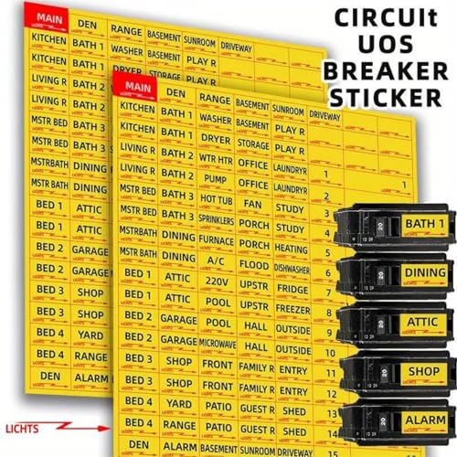 Leitungsschutzschalter-Etiketten, auffällige Identifikation, wetterfest, Sicherungskasten-Aufkleber für Heimbüro, Schalttafeln (gelb), 5 Stück von EWFdcvkg