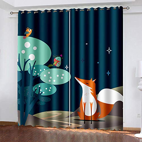 EWGYH Verdunkelnd Vorhänge Blau Cartoon Fuchs 175X140Cm Blickdichte Vollverdunkelungsgardinen Mit Ösen Thermovorhang 2Er Set von EWGYH