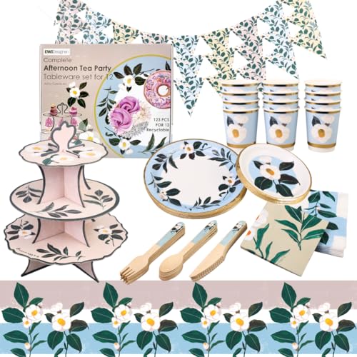 Komplettes Nachmittagstee-Partygeschirr-Set für 12 Personen, exquisites Kamelien-Thema, 123-teilig, umweltfreundlich und lebensmittelecht von EWI Designer