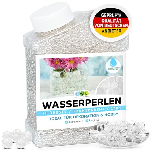 EWL Naturprodukte Wasserperlen, 50.000 Stk. (270g) transparent Water Beads, Wasserperlen Deko durchsichtig, Wasserperlen für Pflanzen von EWL Naturprodukte