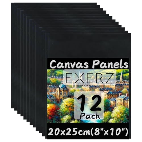 Exerz 20 x 25 cm schwarze Leinwand, 12 Stück, Künstler-Leinwand, 100 % Baumwolle, 280 g/m², 0,3 cm Dicke, blanko, dreifach grundiert, säurefrei, mittlere Körnung von EXERZ